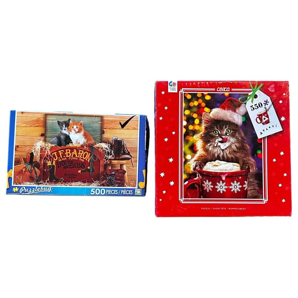 2 Cat Puzzles. Made in USA Ceaco Christmas Kitty & 2 Kittens Sitting In Shoe Box